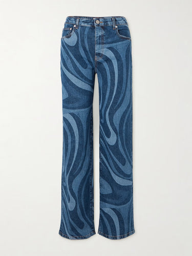 Blue Casual Water Ripple Print Straight Leg Denim Trousers for Women
